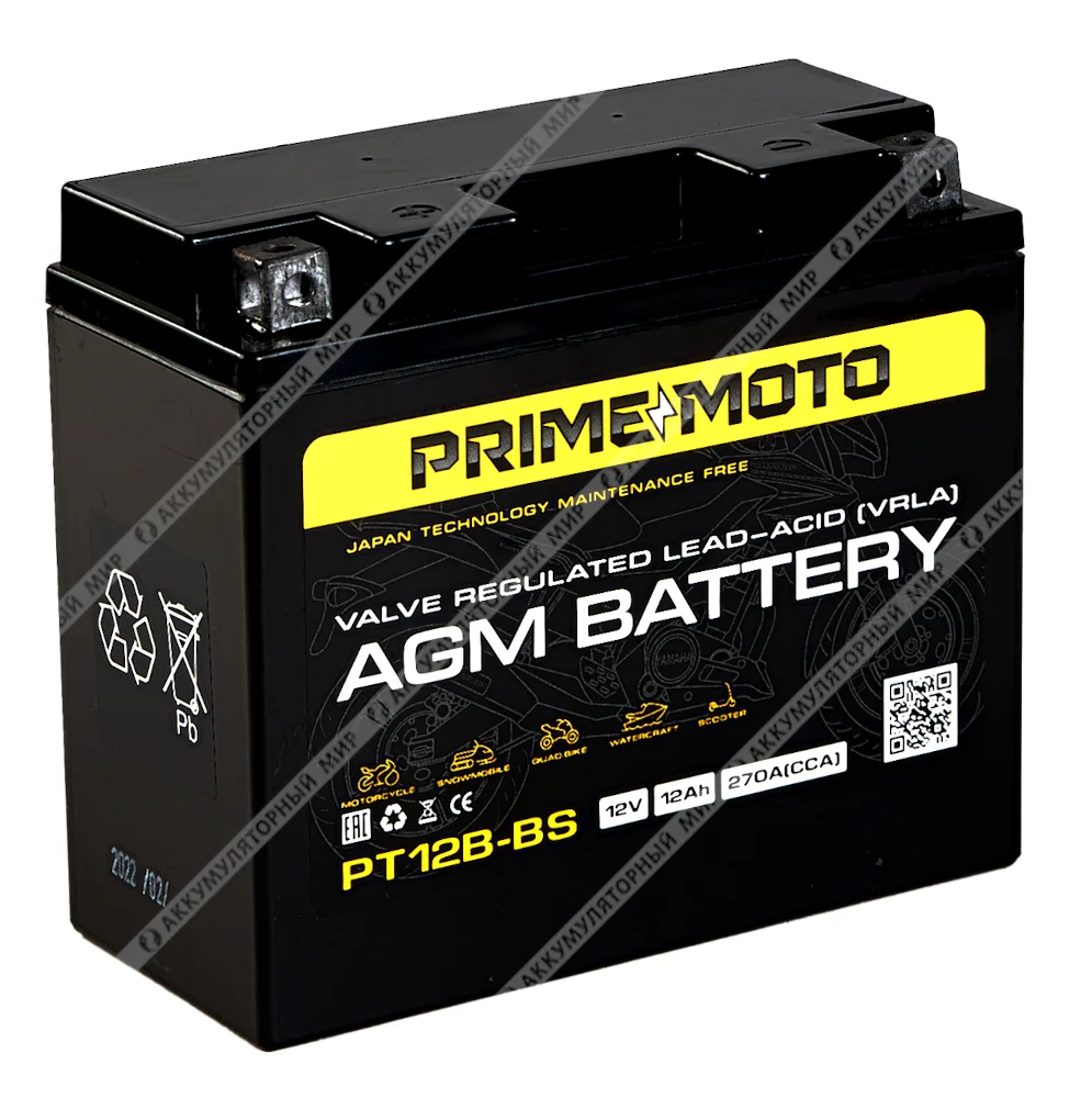 Аккумулятор PRIME MOTO AGM PT12B-BS 12 Ач п.п. Фото 1