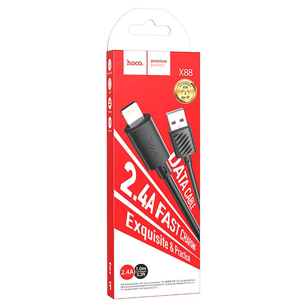 Кабель USB-iPhone8pin 2.4A HOCO X88 черный 1м